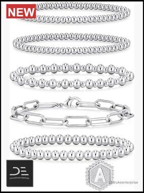 14K Gold Plated Beaded Bracelet Set Stretch Strand Stackable Bracelets 5-Piece